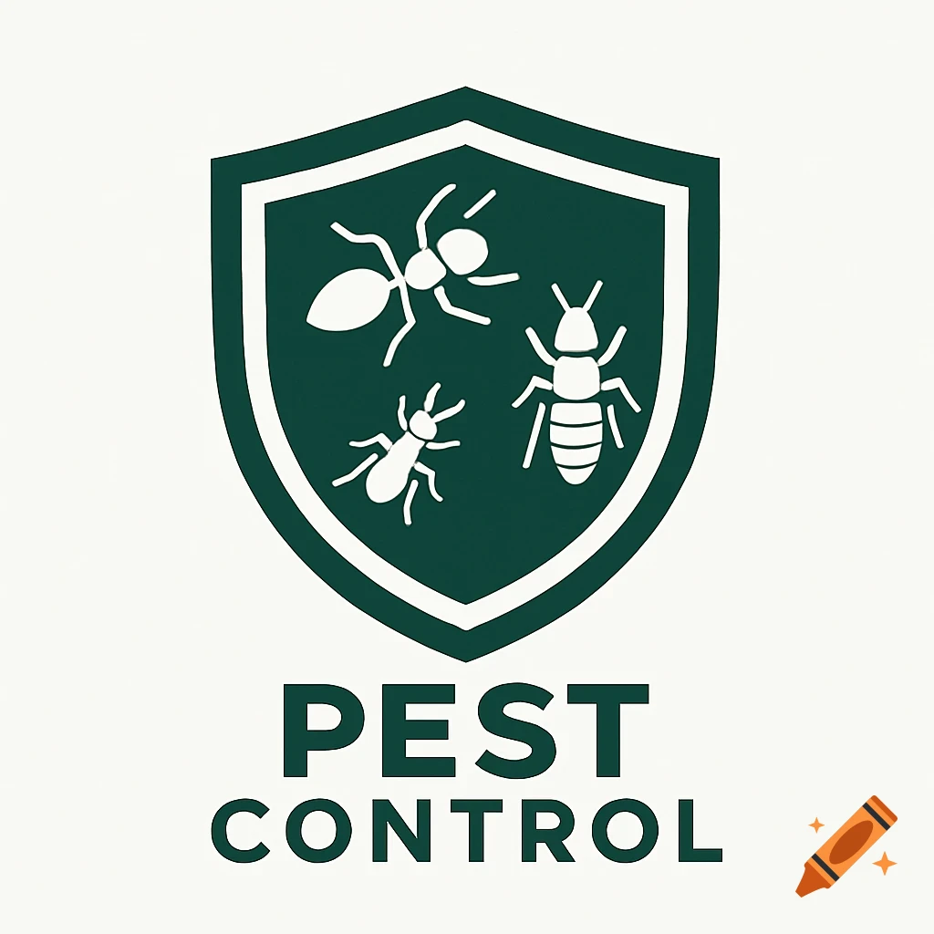 Dark green pest control logo featuring a shield with white ant and termite silhouettes, with 'PEST CONTROL' text below.