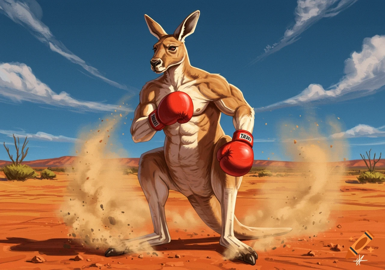 Muscular anthropomorphic kangaroo in red boxing gloves stands in a desert, kicking up dust under a blue sky. Stylized digital art.