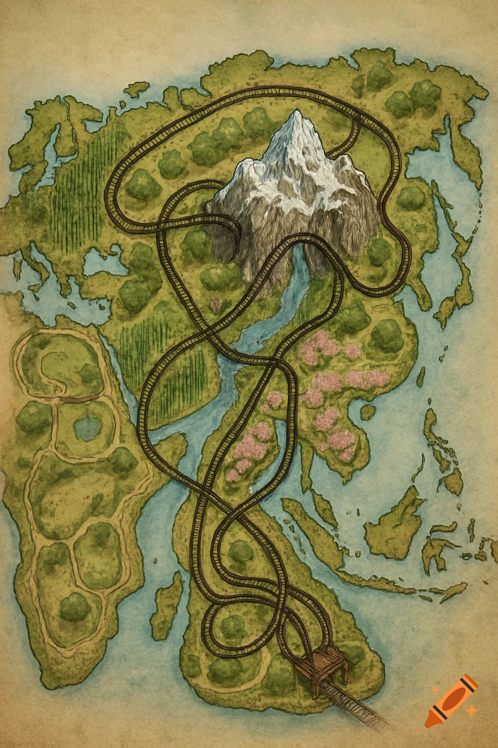 A vintage-style map of a rollercoaster ride over landmasses resembling Asia, featuring a snowy mountain, forests, and rivers.