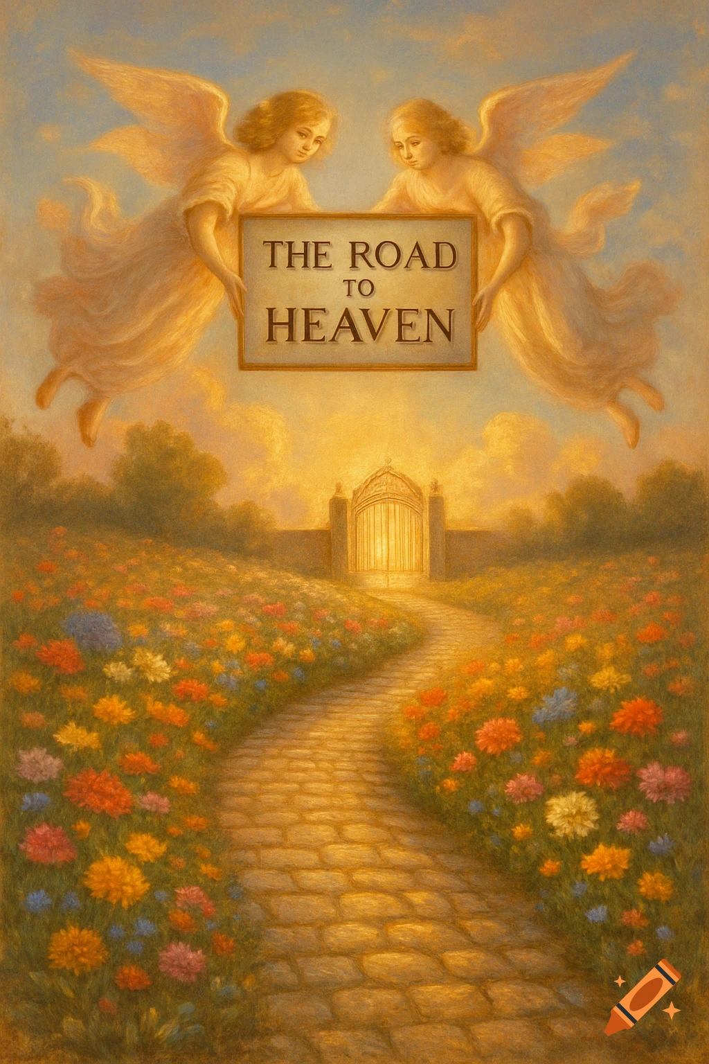 An ethereal painting of a stone path winding through a vibrant field of flowers towards a golden gate. Two angels in the sky hold a sign reading 'THE ROAD TO HEAVEN'.