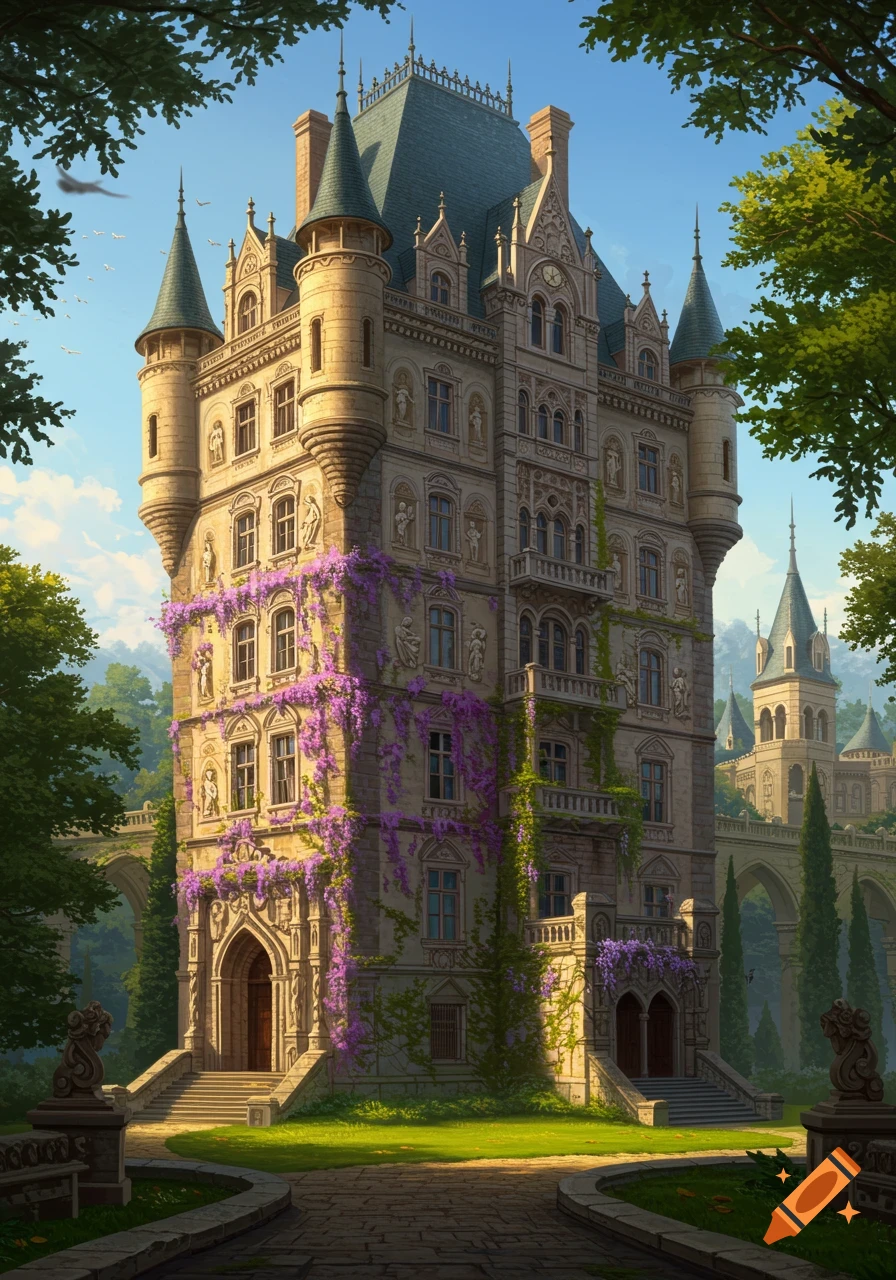 An ornate, turreted castle covered in purple flowers and green vines, set in a lush garden with arched bridges under a blue sky.