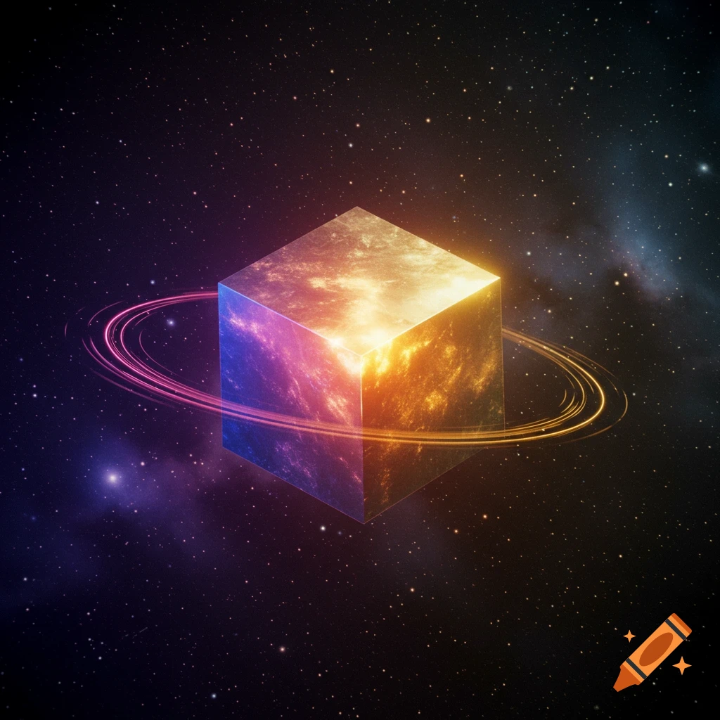 A luminous, multicolored cube with glowing rings floating in a star-filled cosmic space.