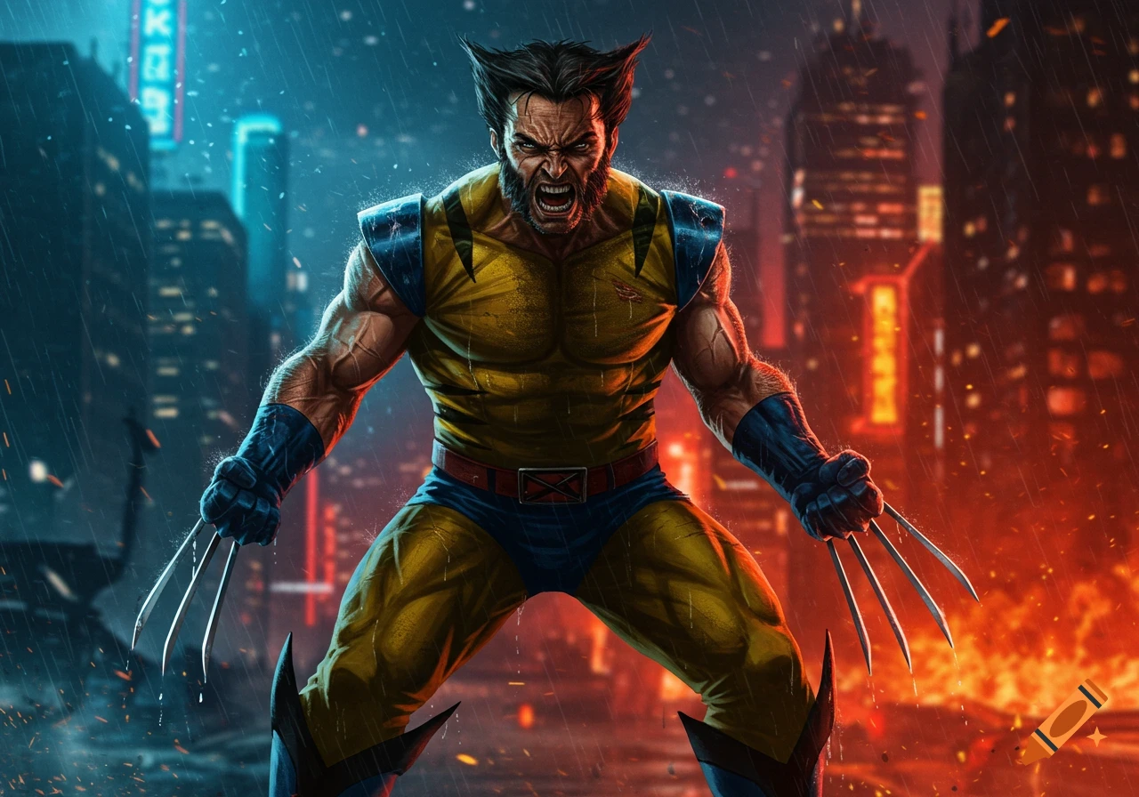 Wolverine in his yellow and blue suit, claws extended, roaring with rage in a rainy, neon-lit city at night. Comic book art style.