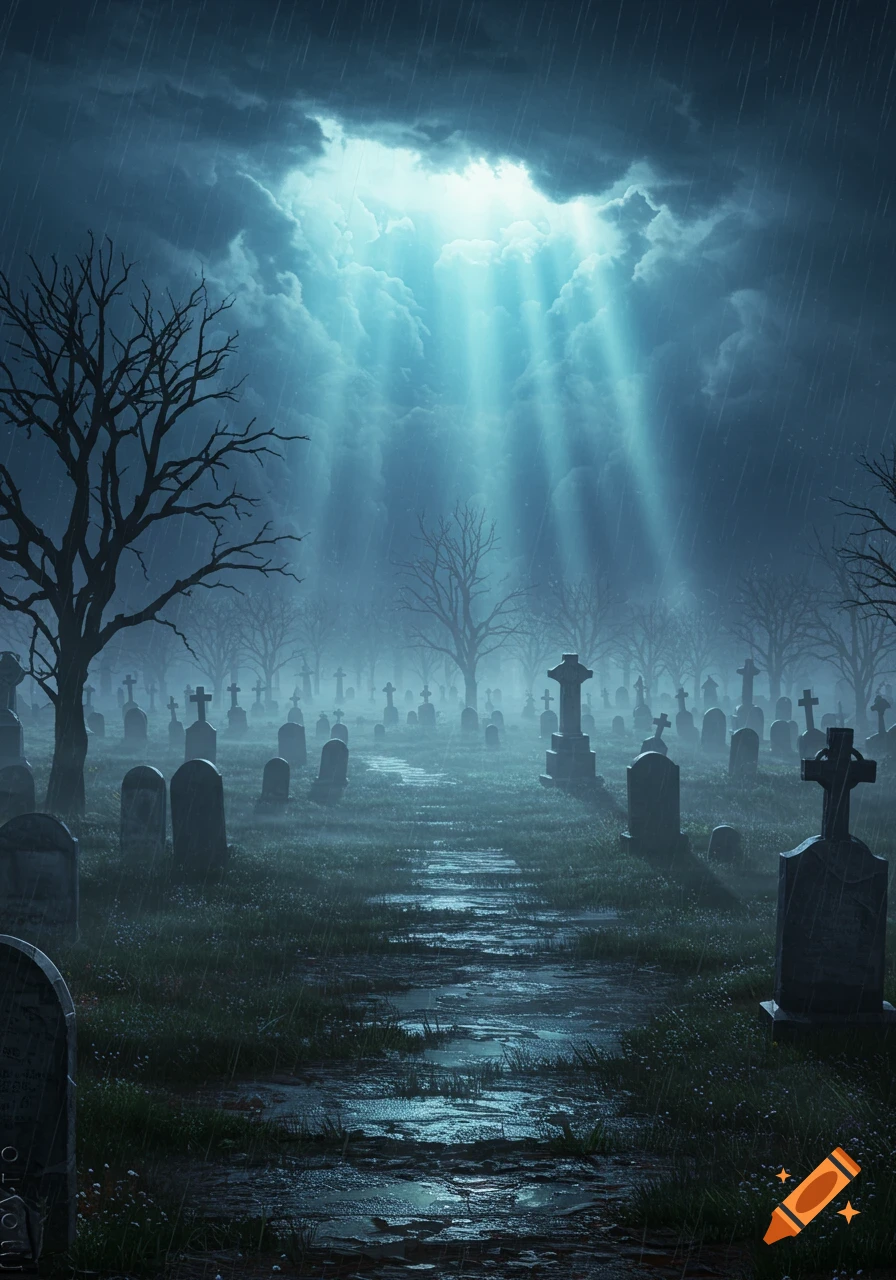 A moody, gothic graveyard at dusk, illuminated by glowing god rays piercing through stormy, rainy clouds, with bare trees and tombstones amidst mist.