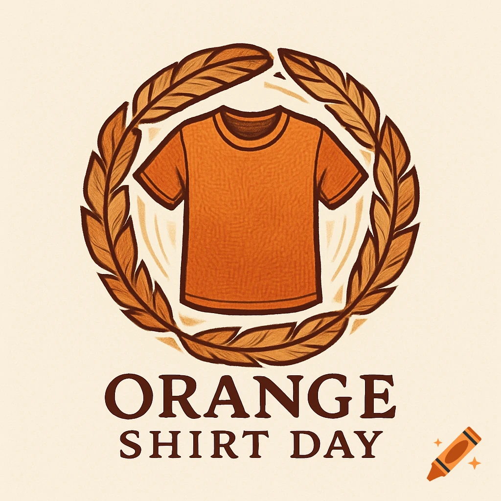 Logo with an orange t-shirt in a feather wreath and text 'ORANGE SHIRT DAY' below, in an illustration style.