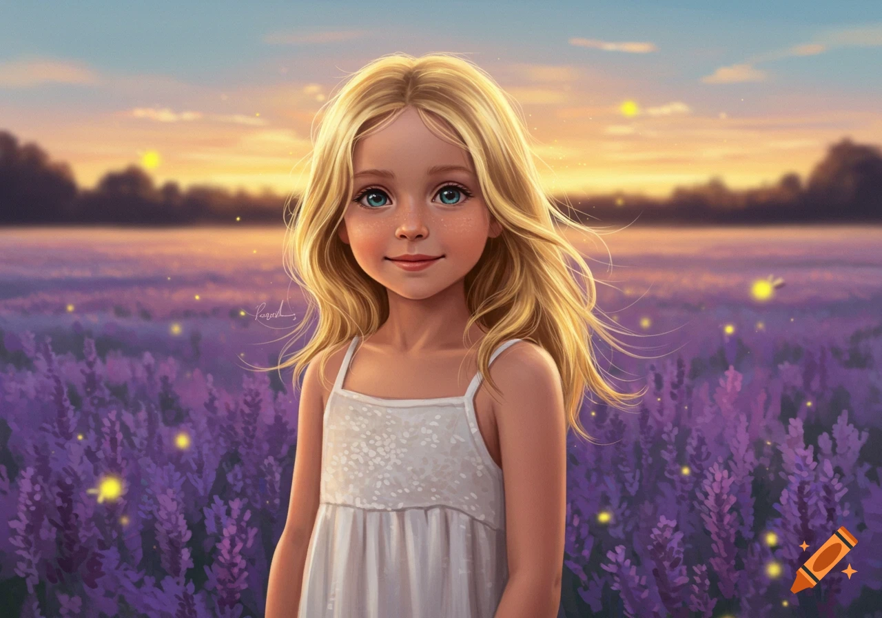 A cute blonde girl with blue eyes smiles in a lavender field with fireflies at sunset, digital art.