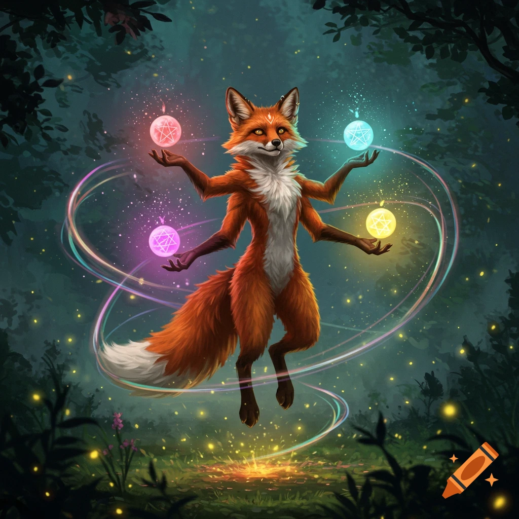 A four-armed anthropomorphic fox with orange fur levitates in an enchanted forest, conjuring glowing magical orbs.