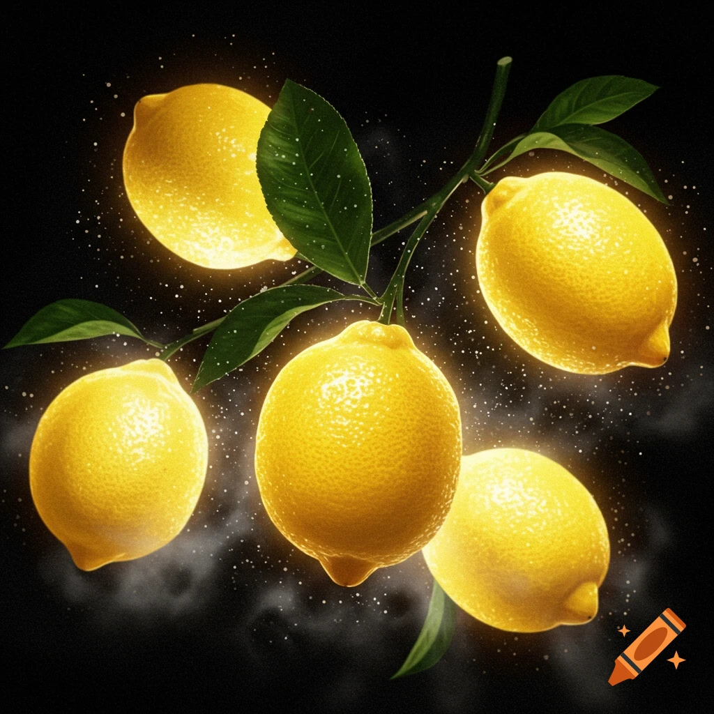Five glowing yellow lemons on a branch with green leaves against a dark, sparkling background.