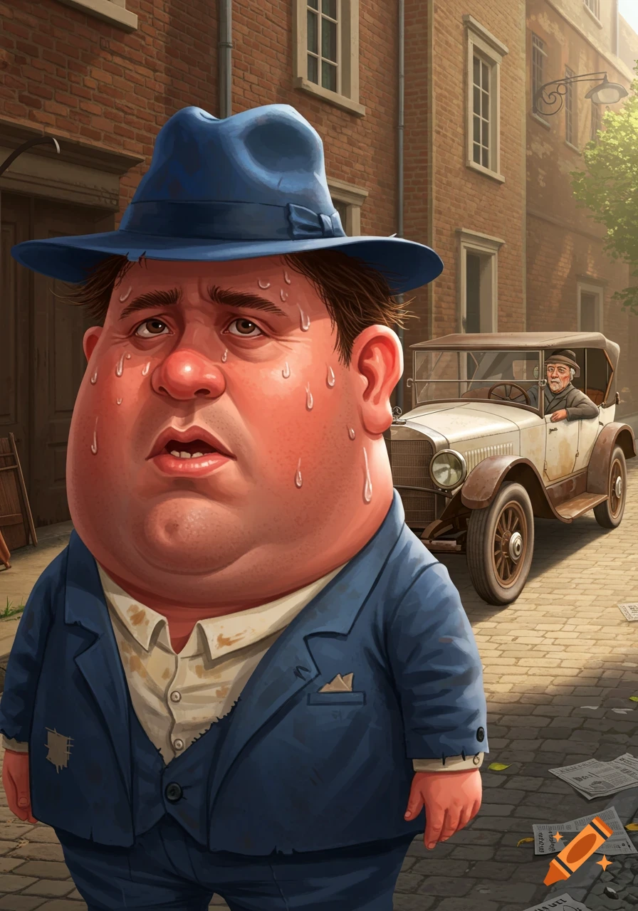Caricature of a sweating, overweight man in a blue fedora and tatty suit, standing on a street with an old man driving a vintage car in the background.