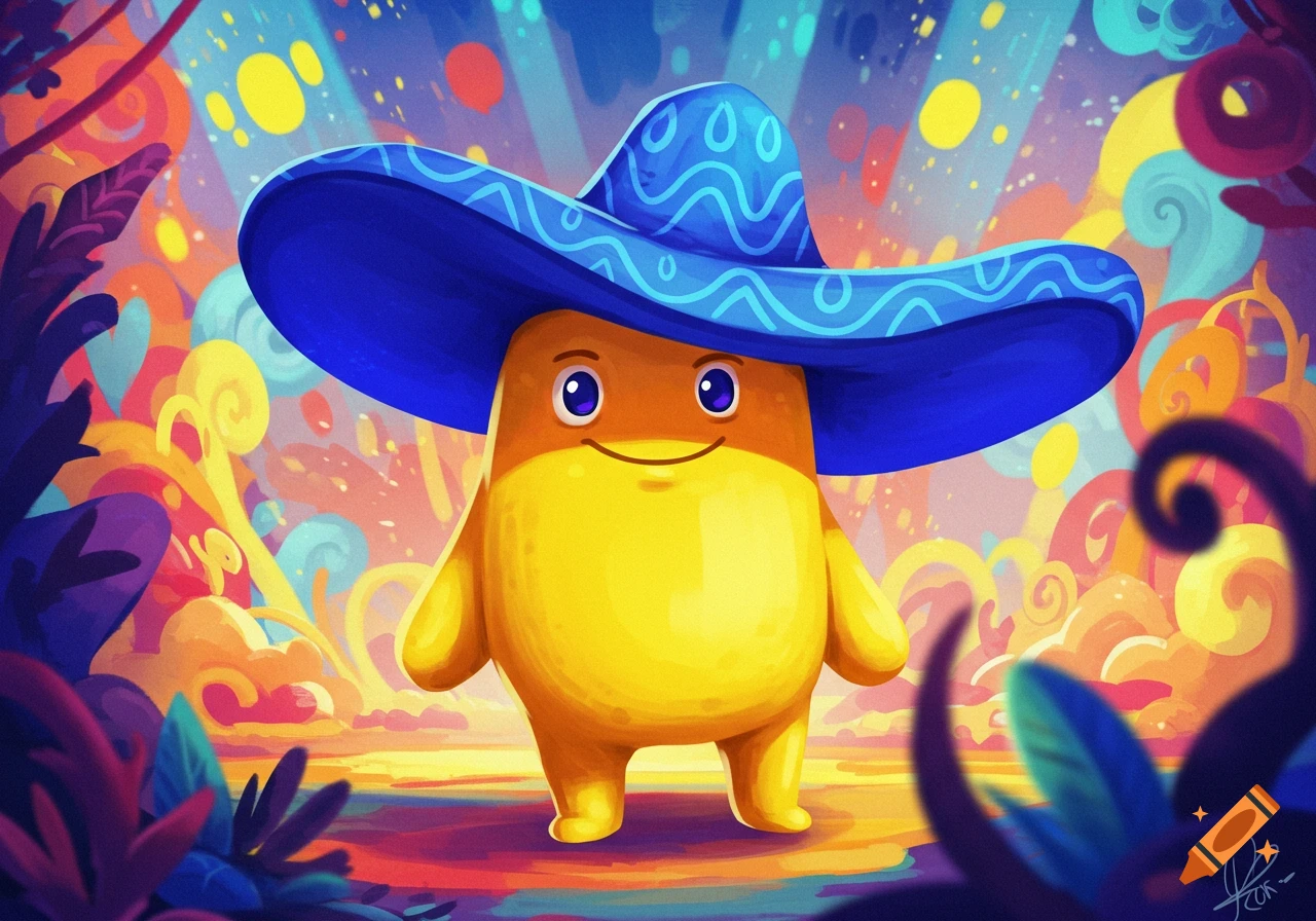 A cheerful, round yellow character wearing a large blue sombrero stands in a vibrant, colorful, whimsical landscape.