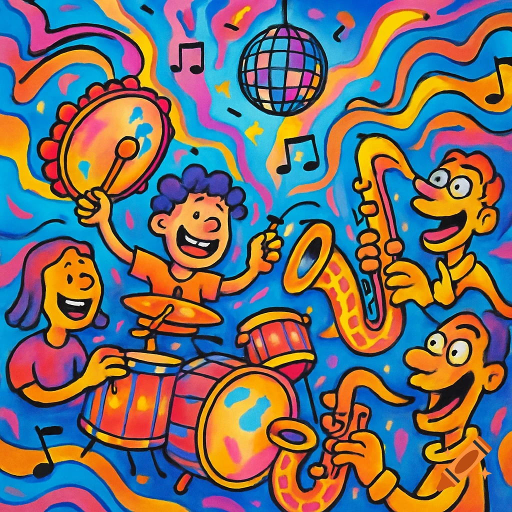 Colorful cartoon illustration of a lively jam band with a drummer, tambourine player, and two saxophonists under a disco ball.