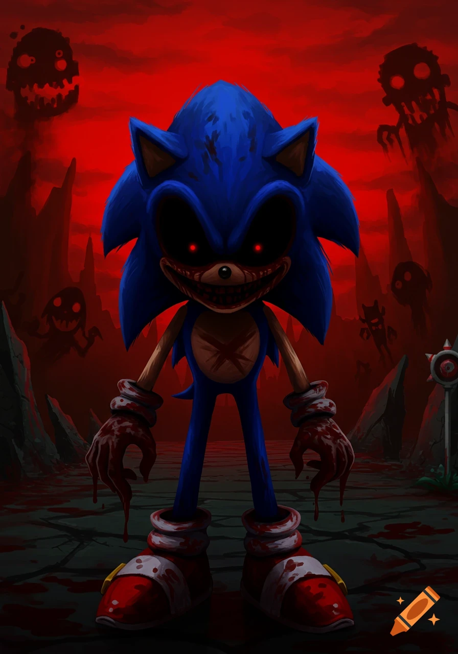 A scary Sonic.exe character with red eyes, a bloody mouth and hands, standing in a blood-red, hellish landscape with shadowy figures.