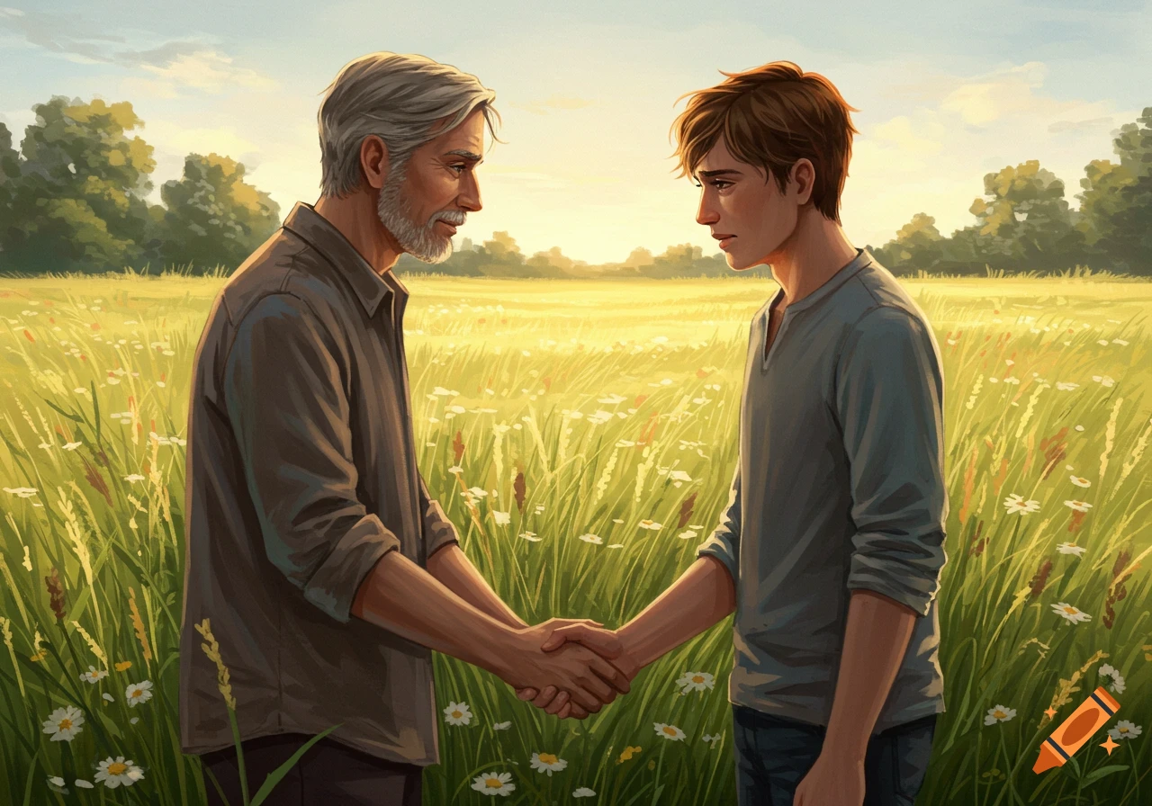 Digital illustration of an older man and a younger man shaking hands in a sunny, grassy field with wildflowers.