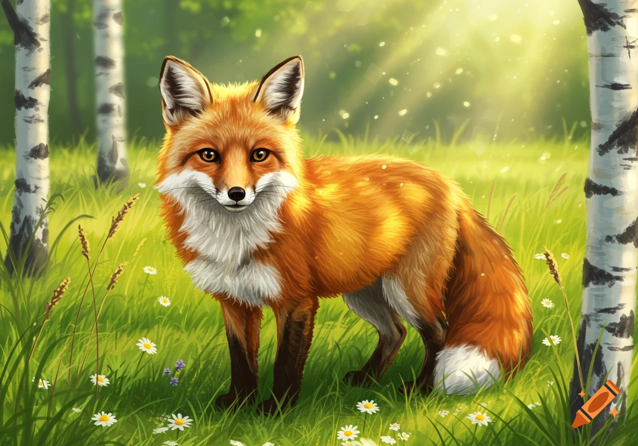 An illustrative red fox stands in a sun-dappled green forest with birch trees and wildflowers.