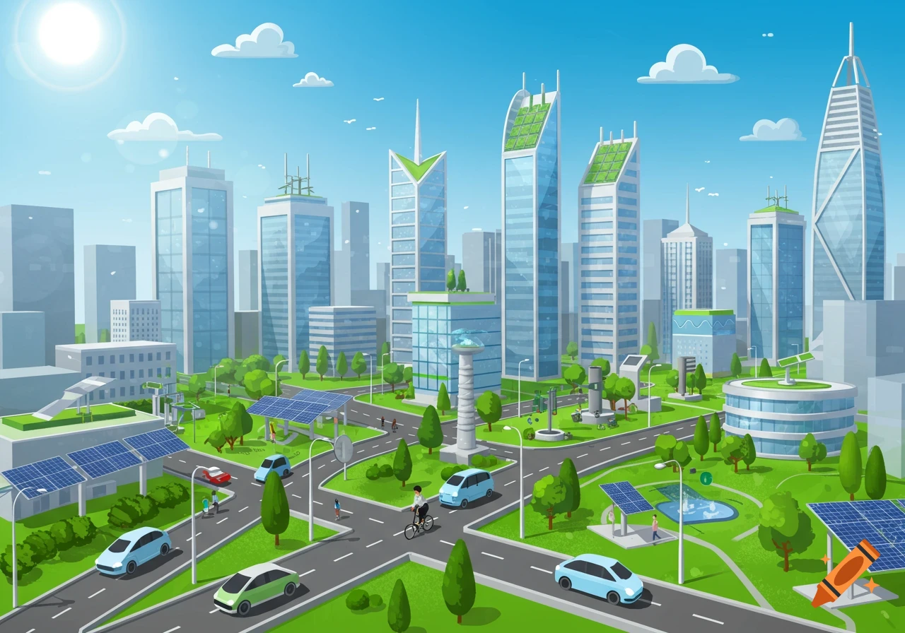 Illustration of a vibrant, green futuristic city with modern skyscrapers, solar panels, electric cars, and people.
