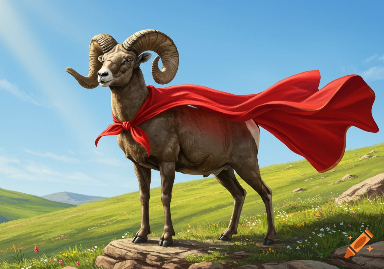 A majestic bighorn ram wearing a flowing red superhero cape stands on a rocky hill against a blue sky in a realistic illustration.