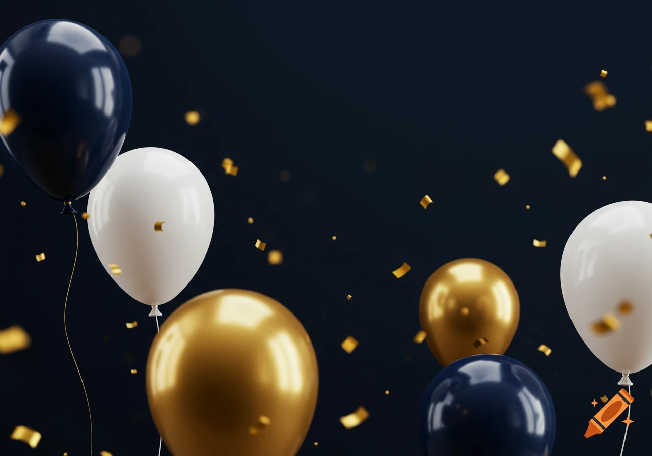 Glossy navy, gold, and white balloons with scattered gold confetti against a dark blue background.