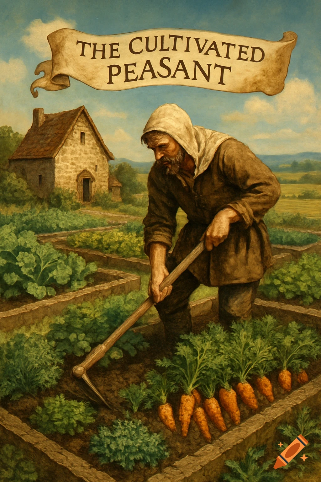 A medieval peasant in rustic clothes hoes a garden with carrots and greens, with a stone farmhouse behind. A banner reads 'The Cultivated Peasant'.