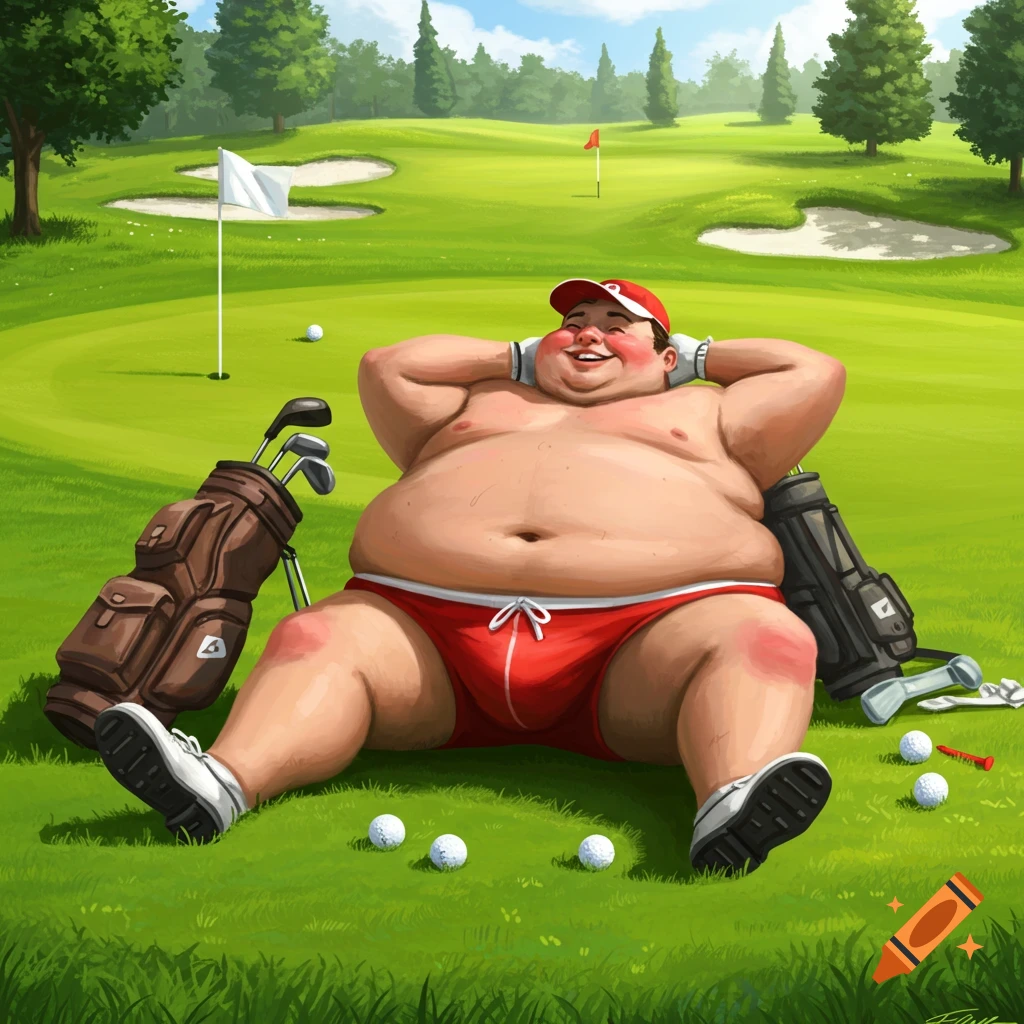 Cartoon illustration of an overweight, shirtless man in red speedos and a red cap relaxing on a golf course.