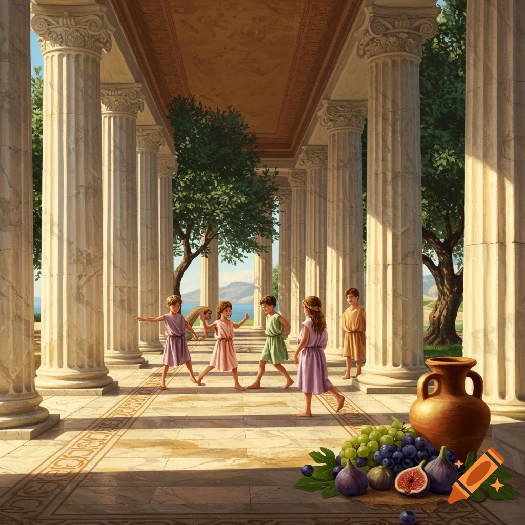 Children play in a sunlit ancient Greek colonnade overlooking the sea, with fruit and a jug in the foreground. Detailed painting.