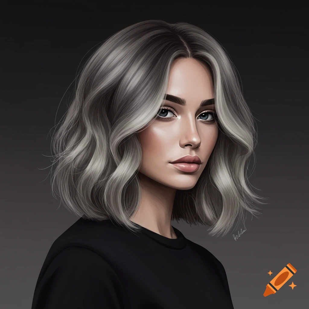 Digital art portrait of a woman with a wavy ash-blonde bob haircut, blue eyes, and subtle makeup.