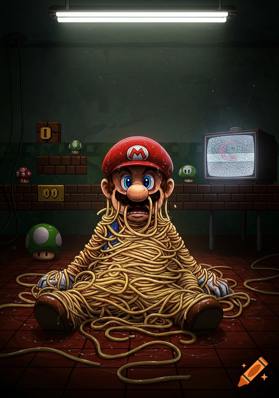 Distressed Mario, covered in tangled spaghetti, sits in a dark room with pixelated blocks, mushrooms, and a static retro TV.