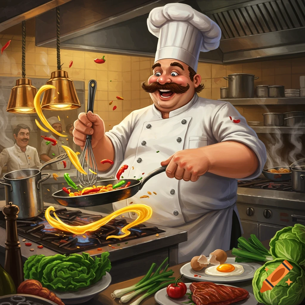 A jolly chef with a mustache stir-fries vegetables in a pan in a busy kitchen, in a vibrant illustrated style.