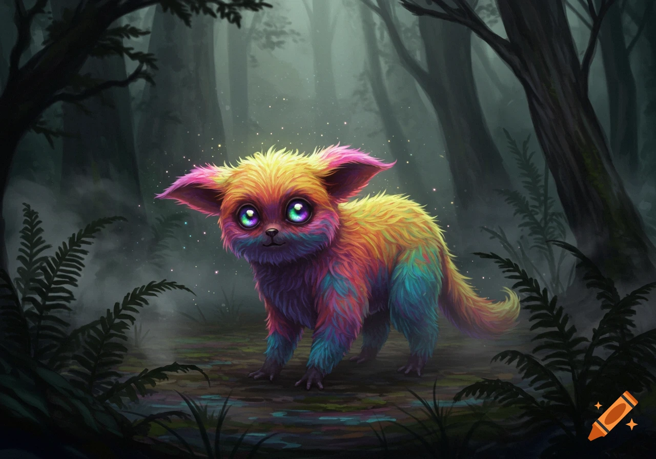 A vibrant, fluffy rainbow creature with big, glowing eyes stands in a misty, dark forest.