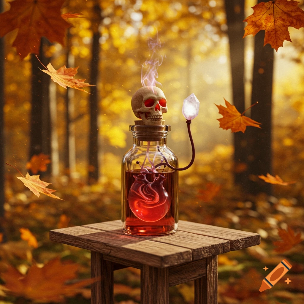 A glowing red soul in a potion bottle with a skull cork, connected to a crystal, sits on a wooden table in an autumn forest.