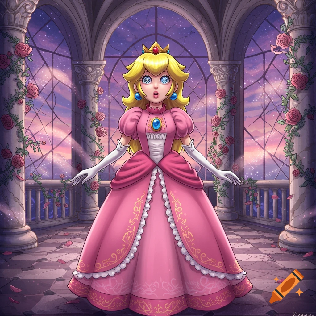 Princess Peach with spiral eyes in a pink dress on a rose-covered castle balcony at sunset, illustration.
