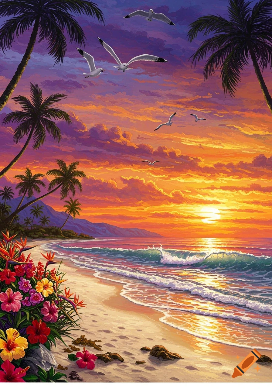 Vibrant painterly tropical beach at sunset with palm trees, colorful flowers, ocean waves, and seagulls flying in a fiery sky.