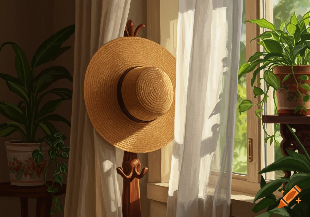 A sunny painterly still life of a straw hat hanging on a coat rack next to a window with white curtains and green potted plants.