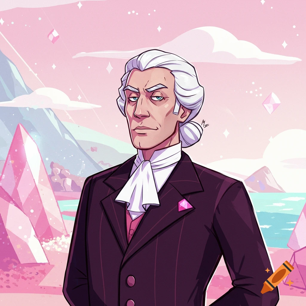Stylized man with white powdered hair and a dark pinstripe suit with a pink cravat, set against a pink and blue crystal landscape in Steven Universe style.
