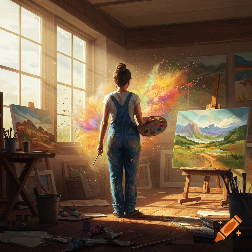 A person with a bun and overalls, holding a paintbrush and palette, stands in a sunlit art studio, painting a colorful landscape on an easel.
