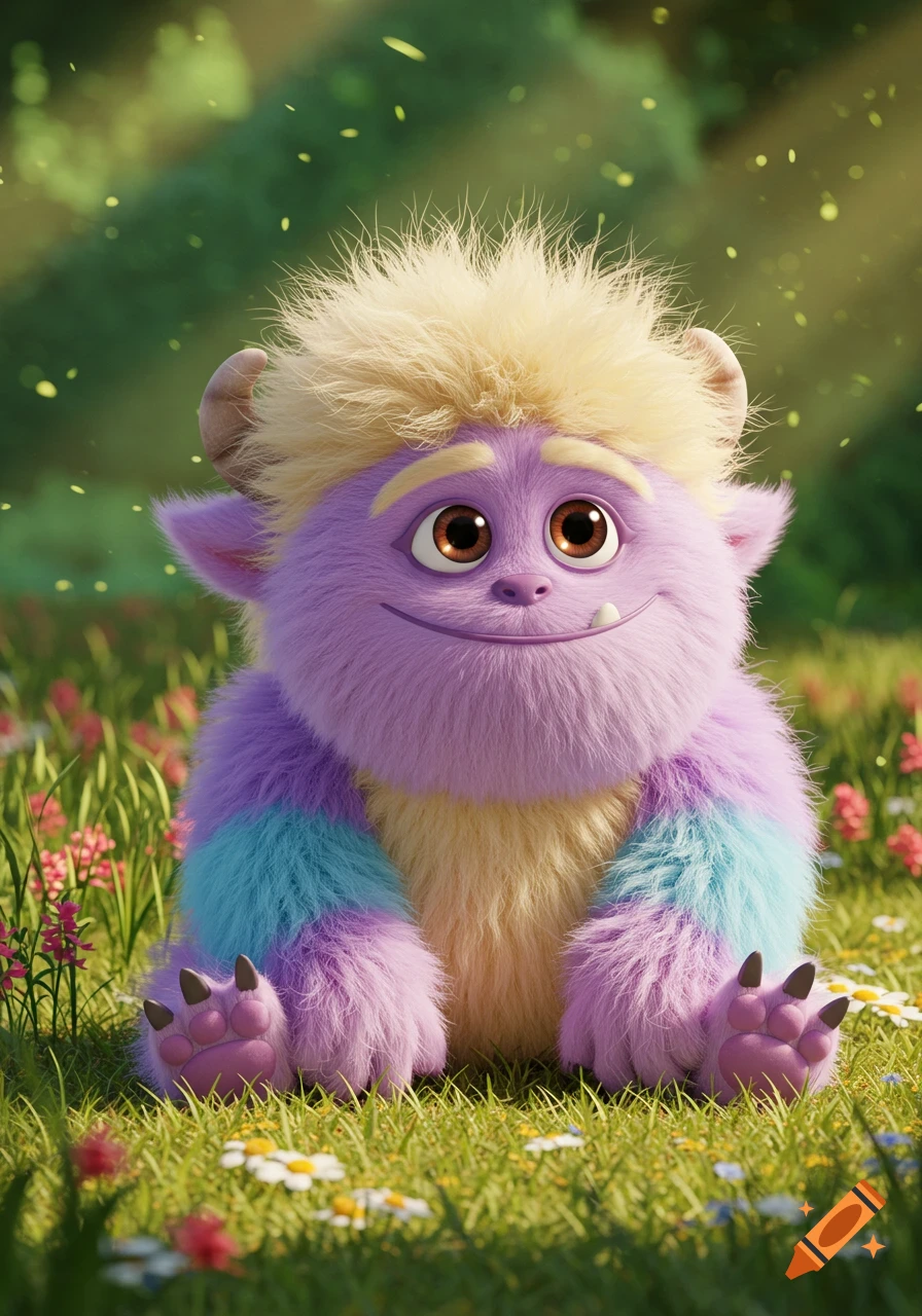 A cute, fluffy purple, yellow, and blue monster with blonde hair and horns sits smiling in a green field. Pixar-like.