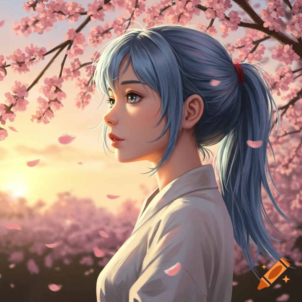 An anime-style portrait of a young woman with blue hair in a ponytail, looking sideways, under cherry blossoms at sunset.