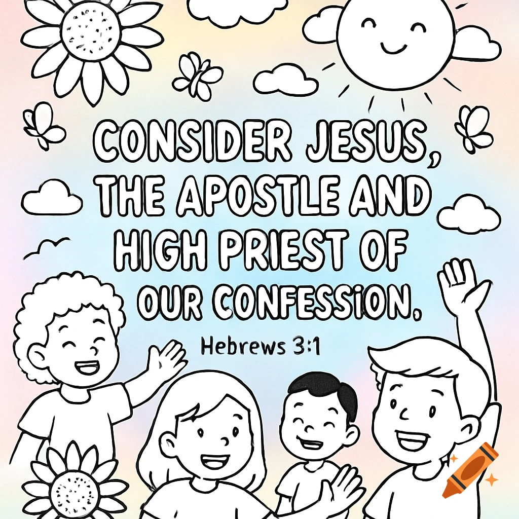 A black and white coloring page showing smiling children, a sun, flowers, and butterflies surrounding the Bible verse Hebrews 3:1.