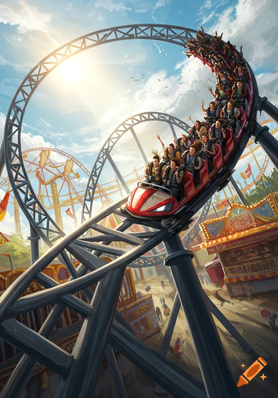 An illustrated scene of a red and white rollercoaster cresting a loop at a sunny amusement park filled with cheering riders.