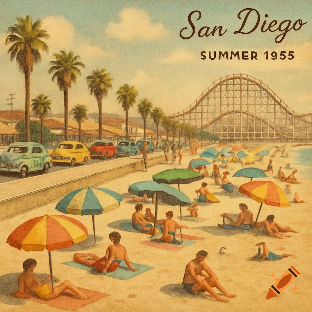 Vintage illustration of San Diego beach in 1955 with palm trees, classic cars, a roller coaster, and people on the sand.