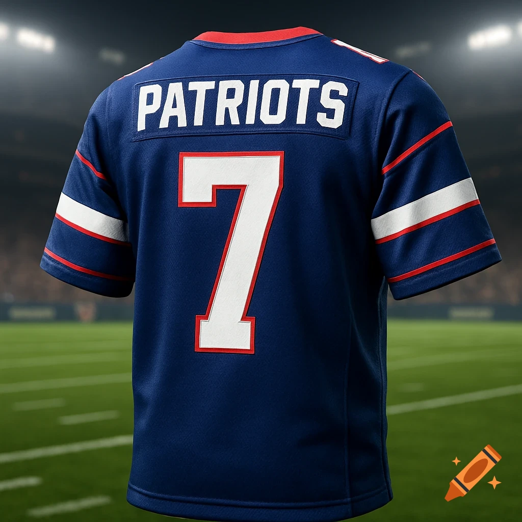 A blue New England Patriots football jersey with the name "PATRIOTS" and the number "7" on the back, set in a stadium.