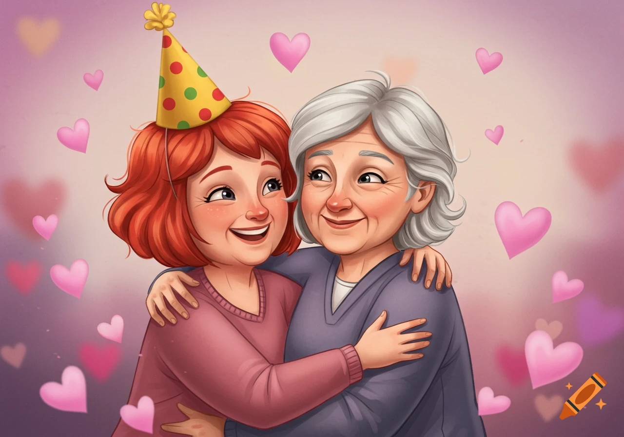 Cartoon illustration of a red-haired woman in a birthday hat hugging a gray-haired woman, surrounded by pink hearts.