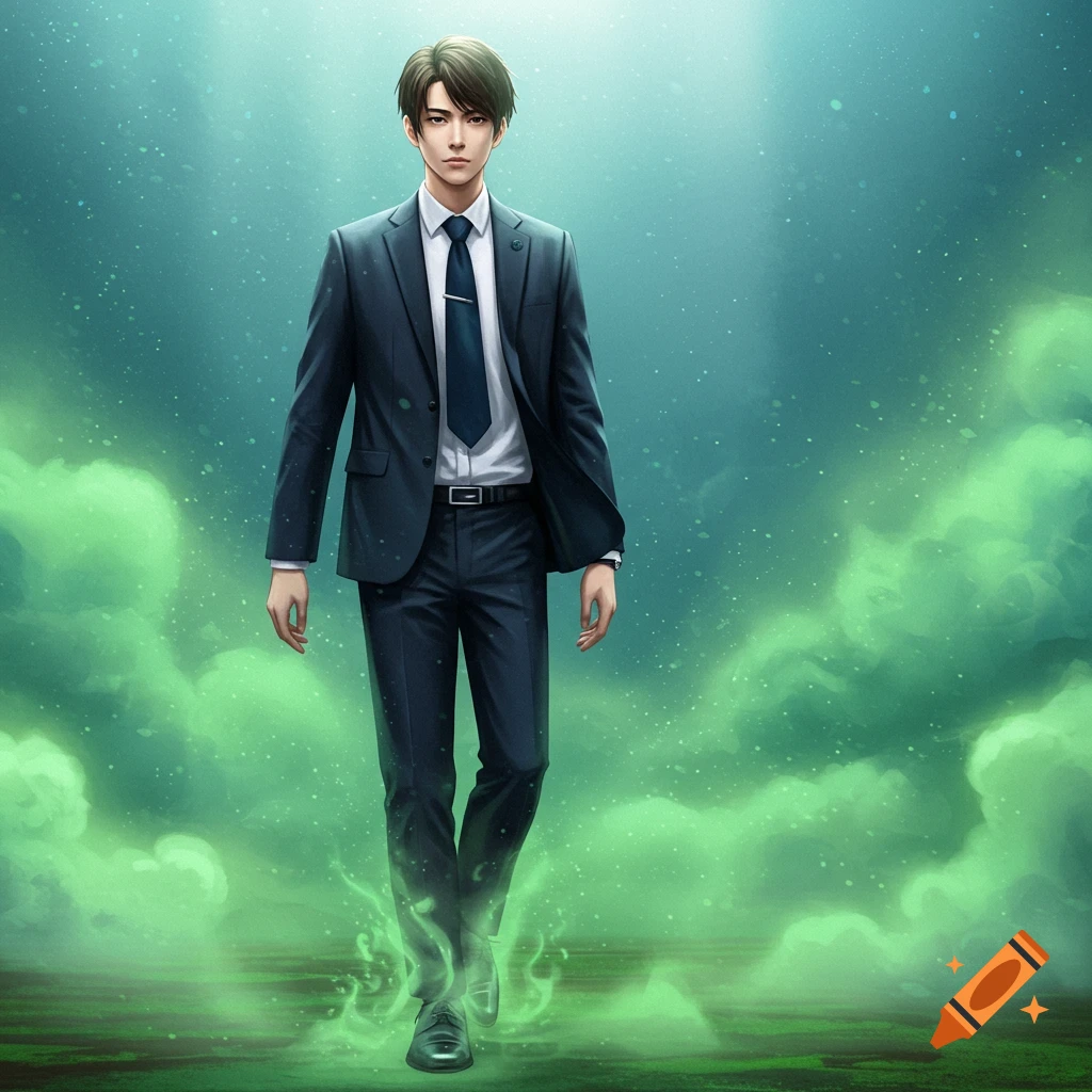 A young man in a dark suit walks through a green, misty landscape in a digital art style.