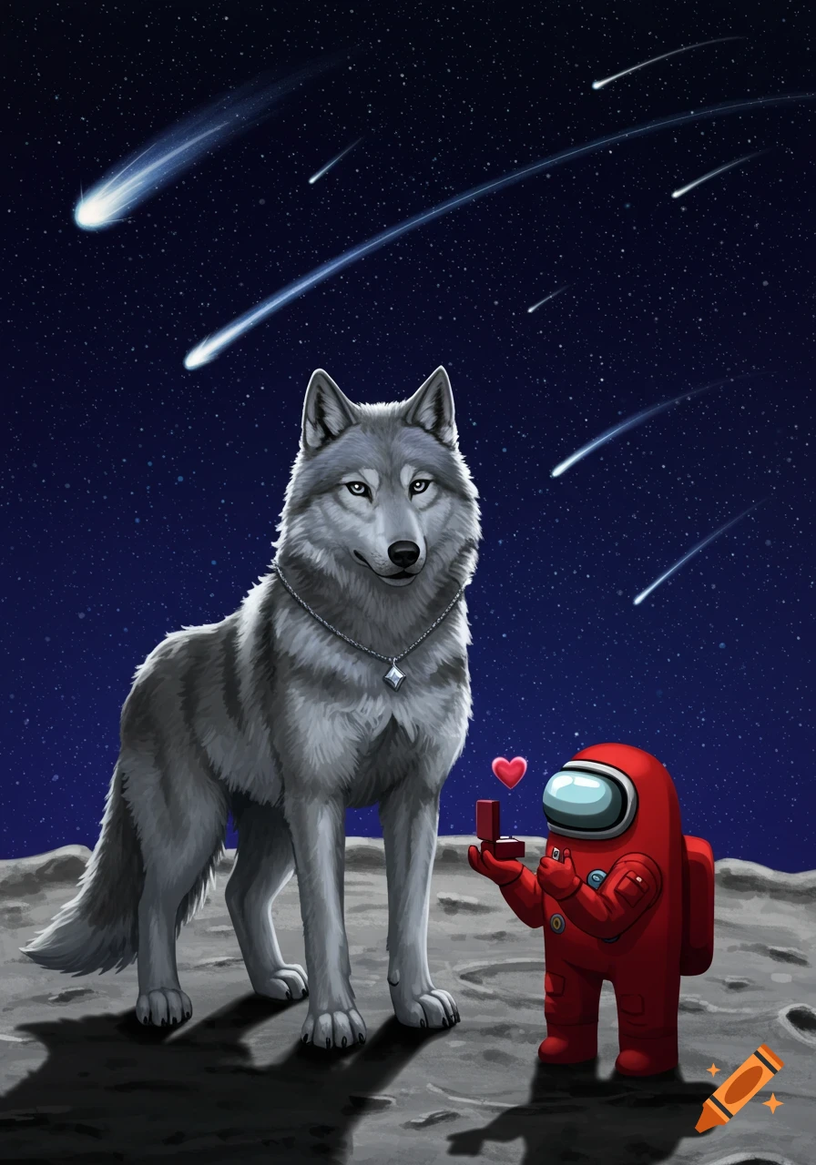 A large gray wolf stands on a moon surface, as a red Among Us crewmate kneels, proposing with a ring box, under a starry night sky with shooting stars.