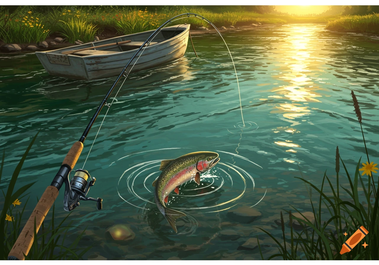 A fishing rod casts into a river where a rainbow trout leaps from the water, with a boat nearby at sunset.