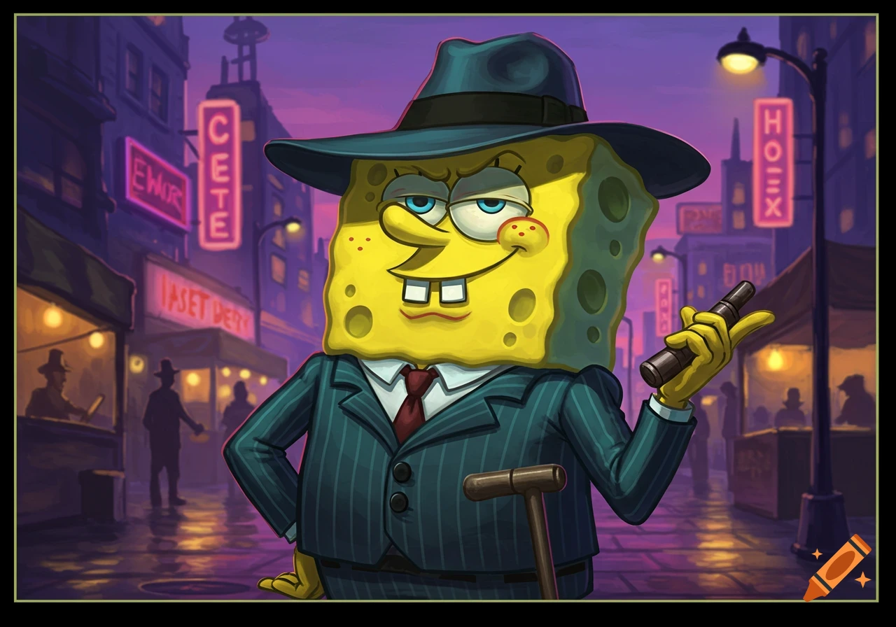 Spongebob Squarepants dressed as a gangster in a pinstripe suit and fedora, holding a dark object, on a wet city street at night.