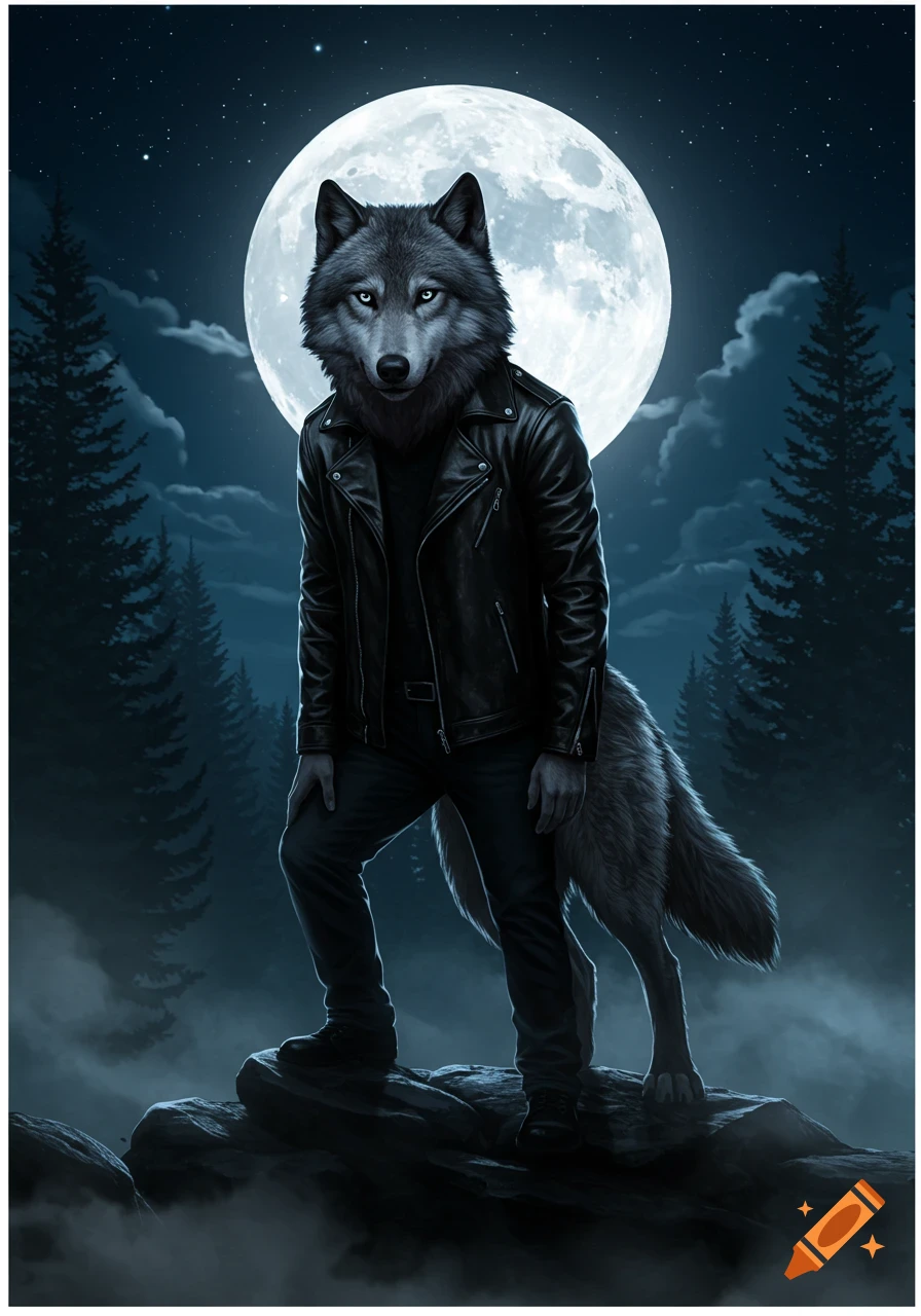 A gray anthropomorphic wolf in a black leather jacket and dark pants stands on a rock in a forest under a bright full moon.