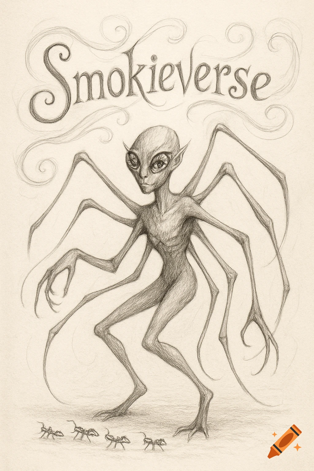 Pencil sketch of an alien-like spider creature with multiple long, slender limbs and large eyes, standing over tiny ants. The word 'Smokieverse' is written in a stylized font above.