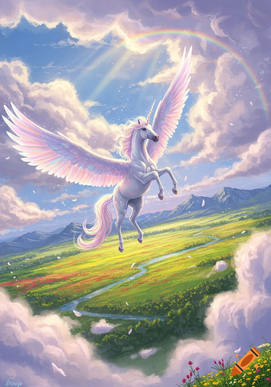 A majestic winged unicorn with a flowing pink mane flies through a bright blue sky with clouds and a rainbow over a vibrant green landscape.