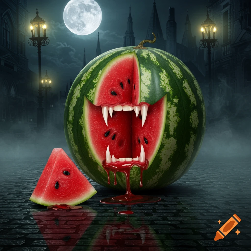 A vampire watermelon with fangs drips red liquid on a dark cobblestone street under a full moon in a gothic city.