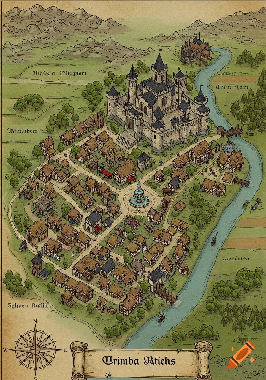 An isometric hand-drawn fantasy map of a medieval town with a large castle, a river, and surrounding mountains.